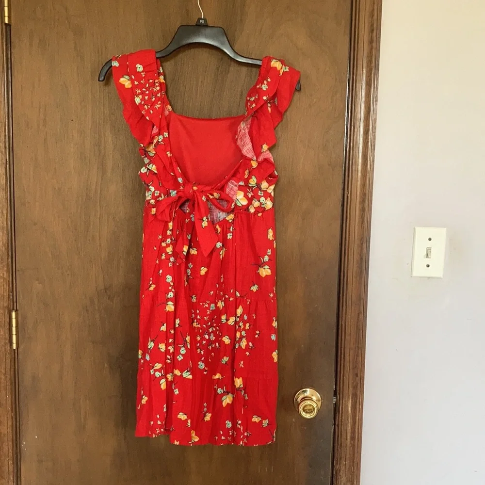 Relist7/18❌ LC LAUREN CONRAD red with lemon & floral print tie back dress - Picture 11 of 16
